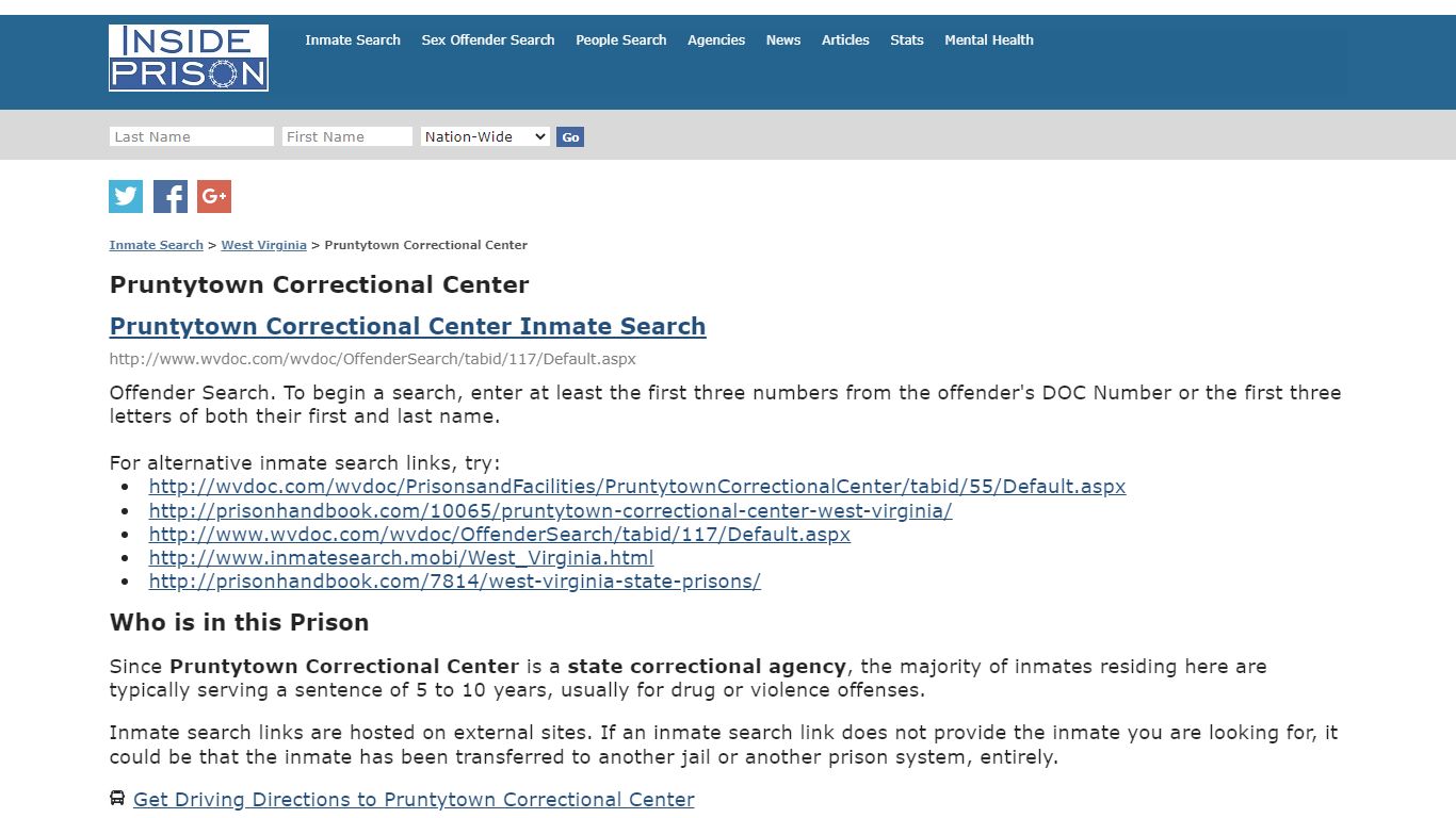 Pruntytown Correctional Center - West Virginia - Inmate Search